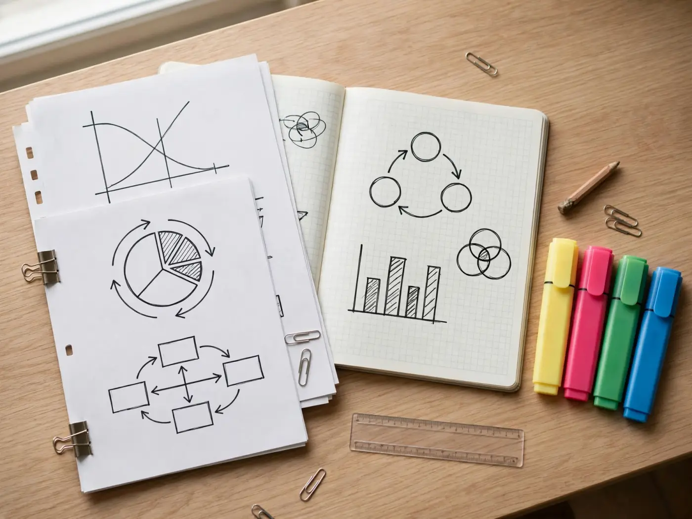 Material educativo financiero sobre un escritorio: guías, cuaderno con diagramas y marcadores