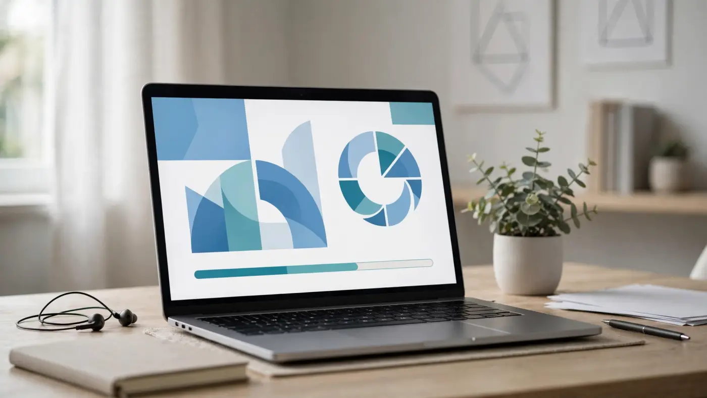Curso financiero en línea mostrado en la pantalla de un ordenador portátil con diapositivas y barra de progreso